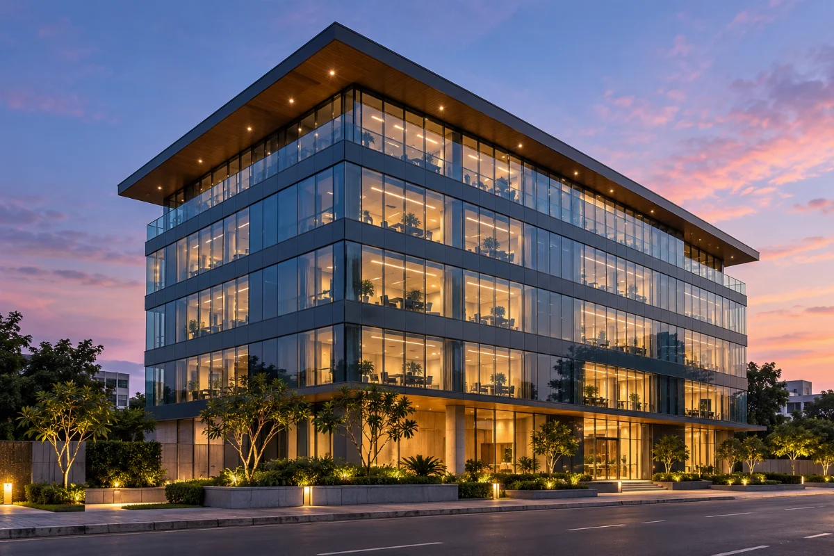 Modern glass office building with landscaped grounds at dusk